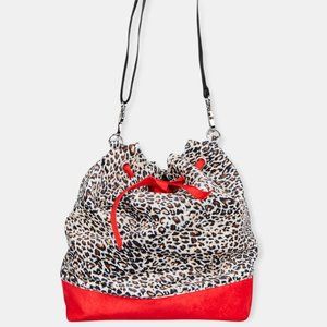 Made in Italy- Vegan Red Suede Cheetah Print Velvet Bucket Shoulder Bag